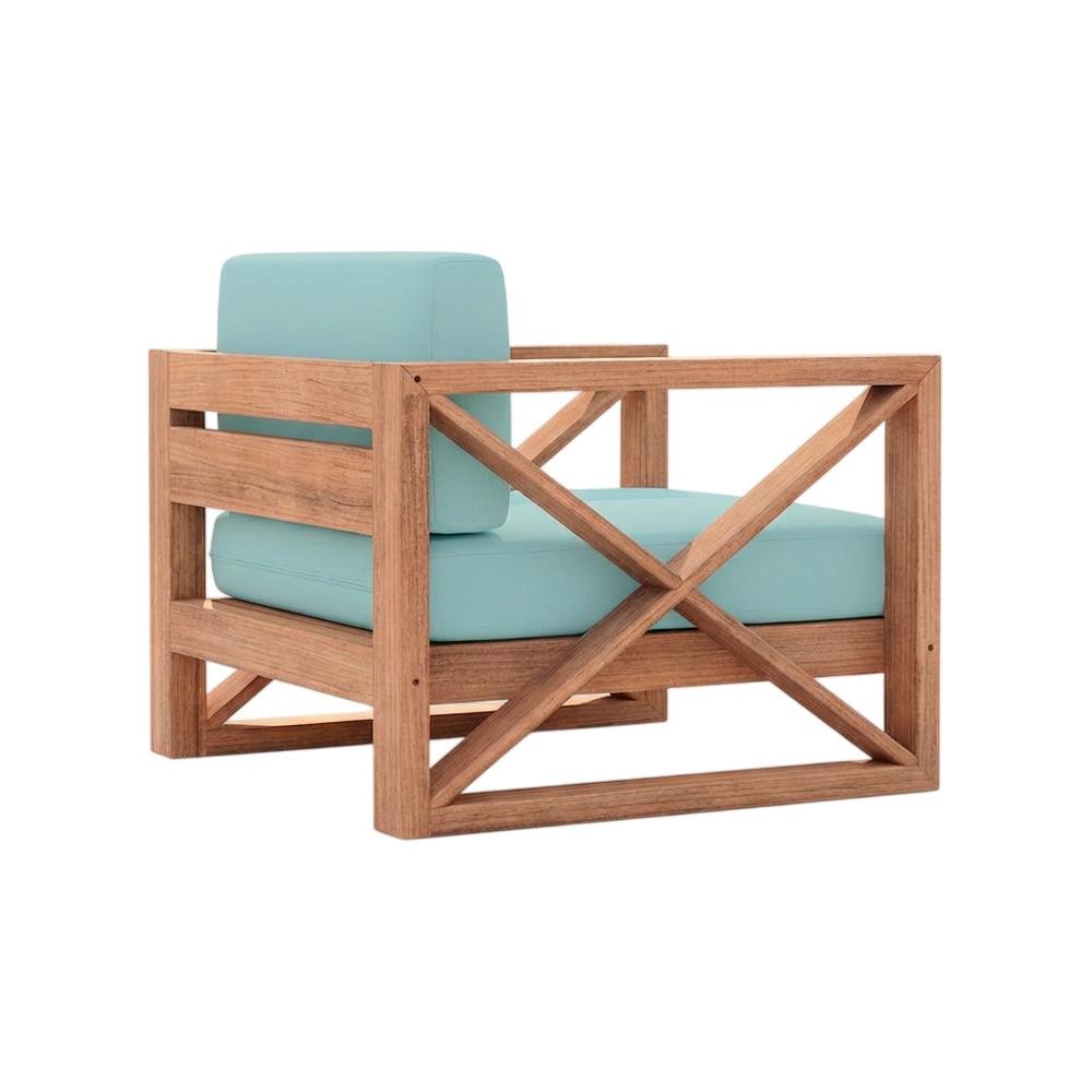 Blue Fabric Outdoor Chair With Cushioned Seat And Teak Finish. Picture 1