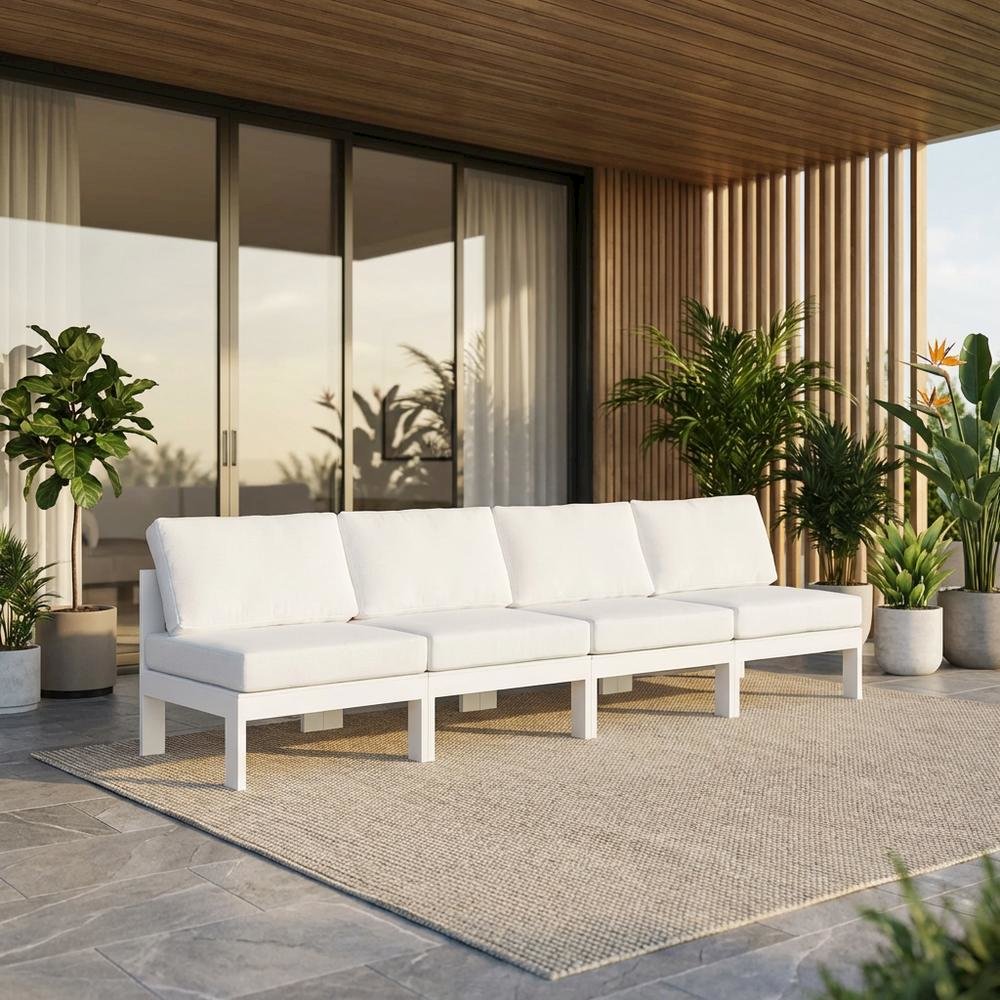 White Fabric Outdoor Patio Modular Sofa, Contemporary Style, Cushioned Seat. Picture 2