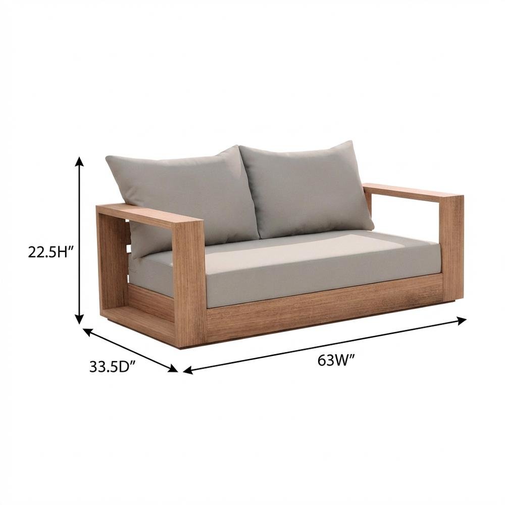 Gray Fabric Outdoor Loveseat With Cushioned Seating And Teak Finish. Picture 7