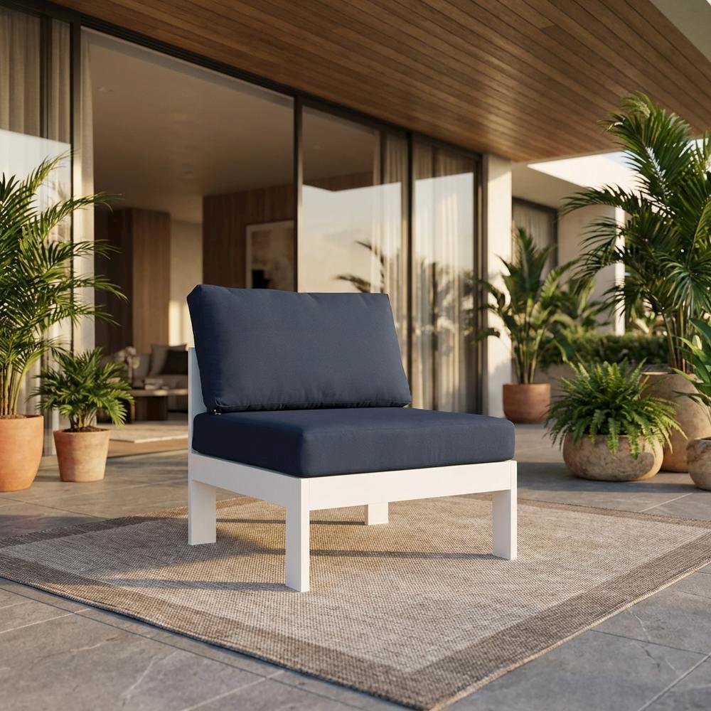 Navy Fabric Outdoor Armless Patio Chair, Aluminum Frame, Contemporary Style. Picture 2