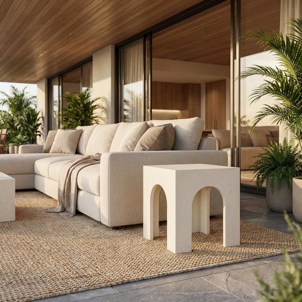 Cream Concrete and Fiberglass Outdoor End Table with Angular Legs. Picture 2