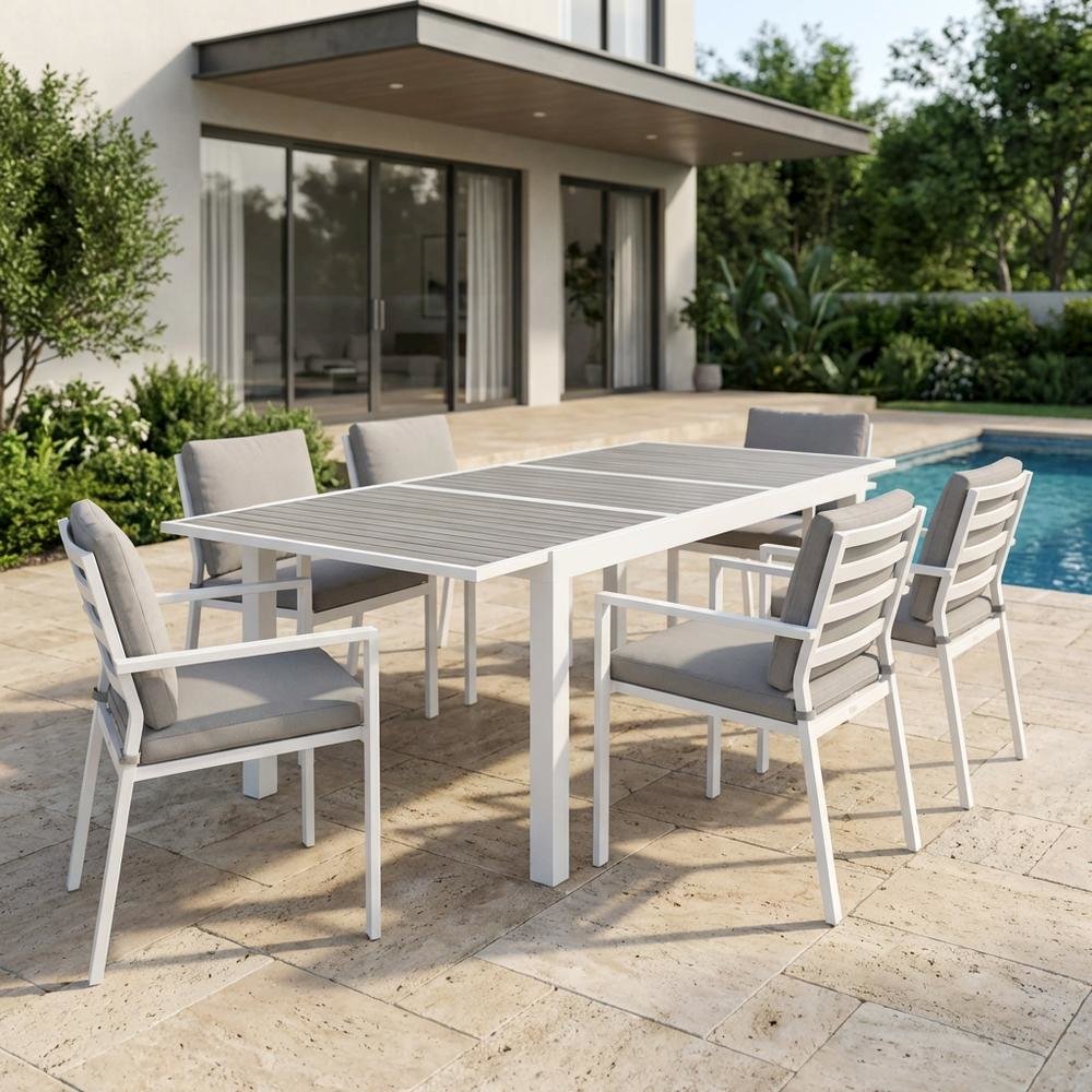 Gray Wood Look Outdoor Patio Dining Table With Adjustable Width And White Finish. Picture 3