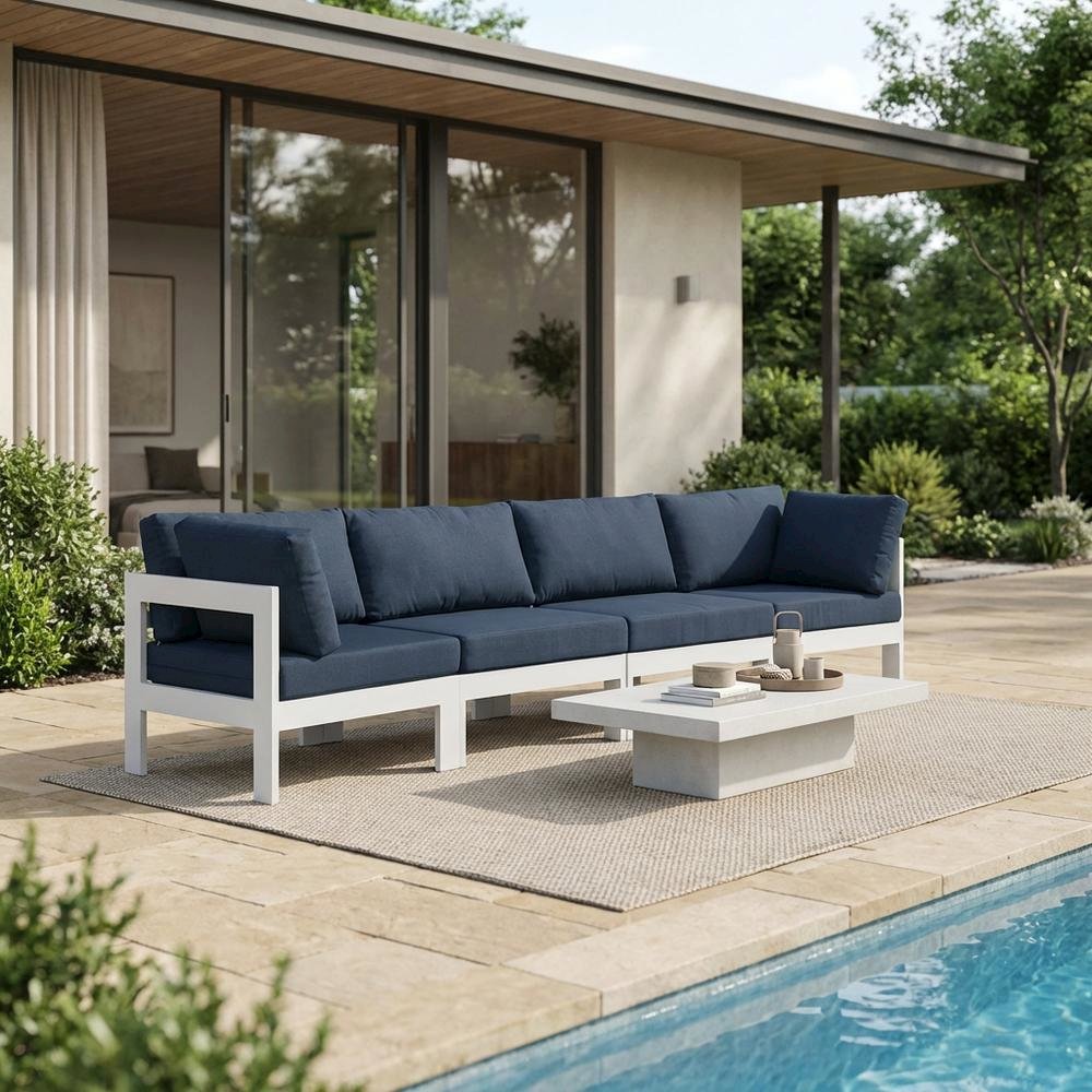 Navy Fabric Outdoor Patio Modular Sofa, Contemporary Style, Comfortable Back. Picture 3
