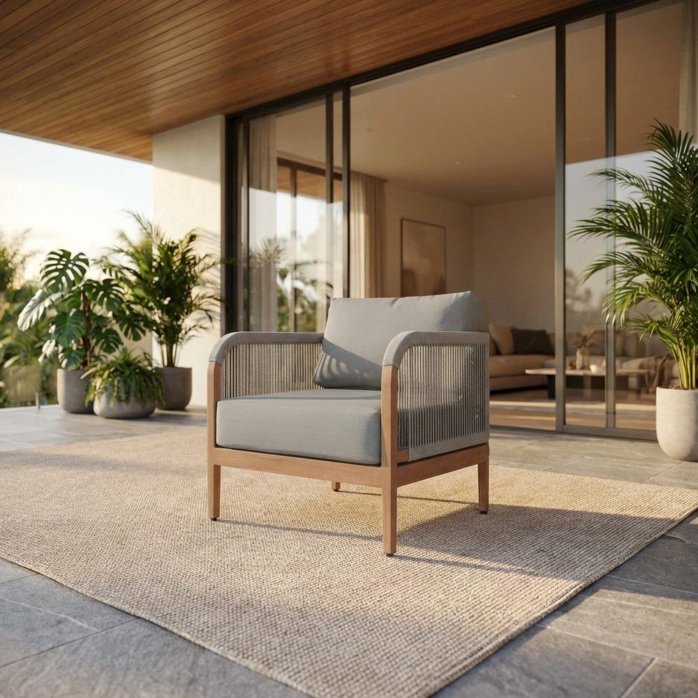 Gray Fabric Outdoor Patio Chair With Aluminum Frame And Teak Wood Look. Picture 2