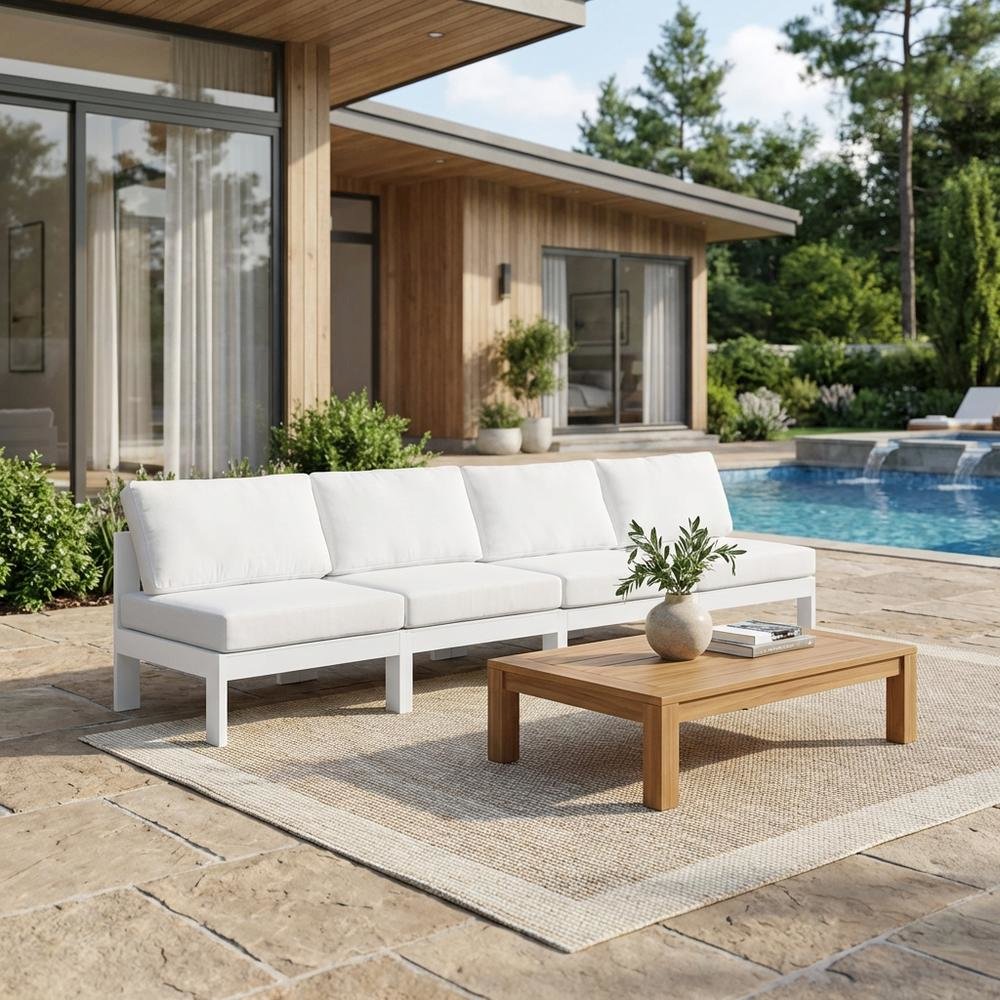 White Fabric Outdoor Patio Modular Sofa, Contemporary Style, Cushioned Seat. Picture 3