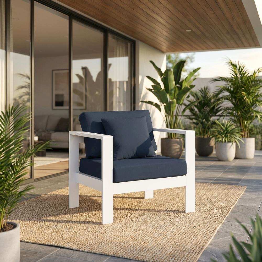 Navy Fabric Outdoor Armchair With Aluminum Frame And Contemporary Style. Picture 2