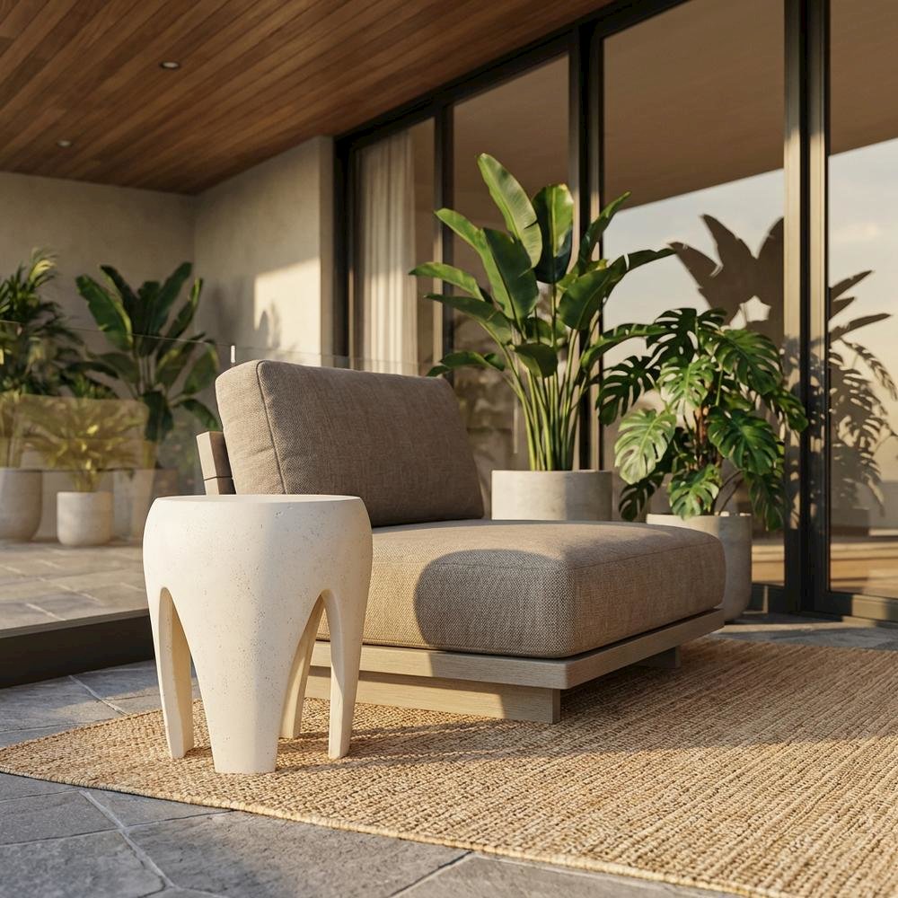 Cream Concrete and Fiberglass Indoor Outdoor End Table with Round Top. Picture 2