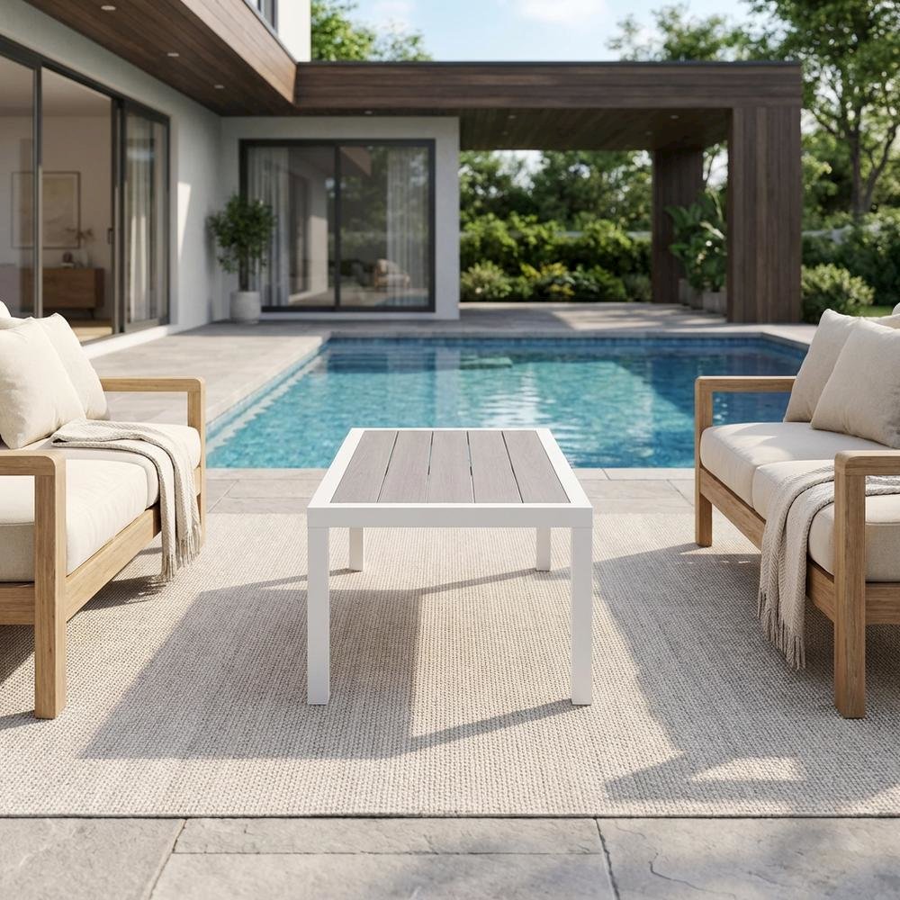 Gray Wood Look Outdoor Coffee Table With Aluminum Frame And Contemporary Design. Picture 3