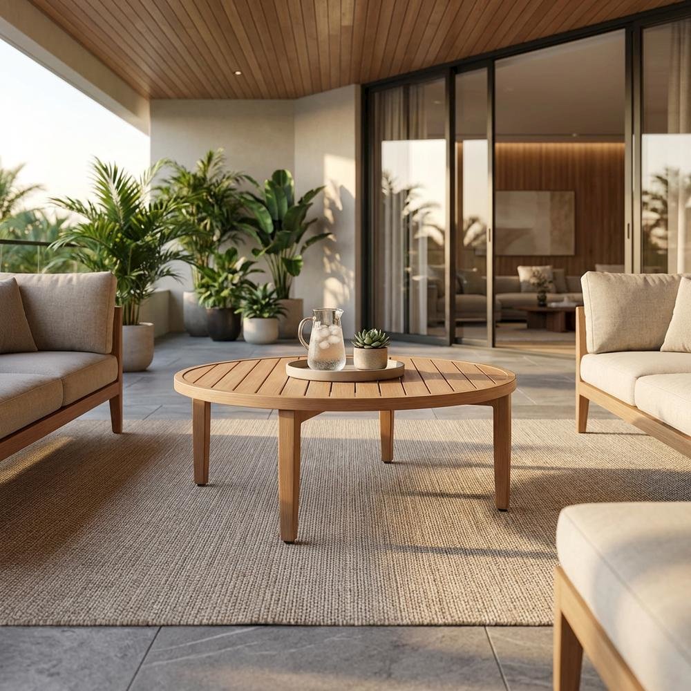 Teak Finish Outdoor Coffee Table With Aluminum Frame And Contemporary Style. Picture 2