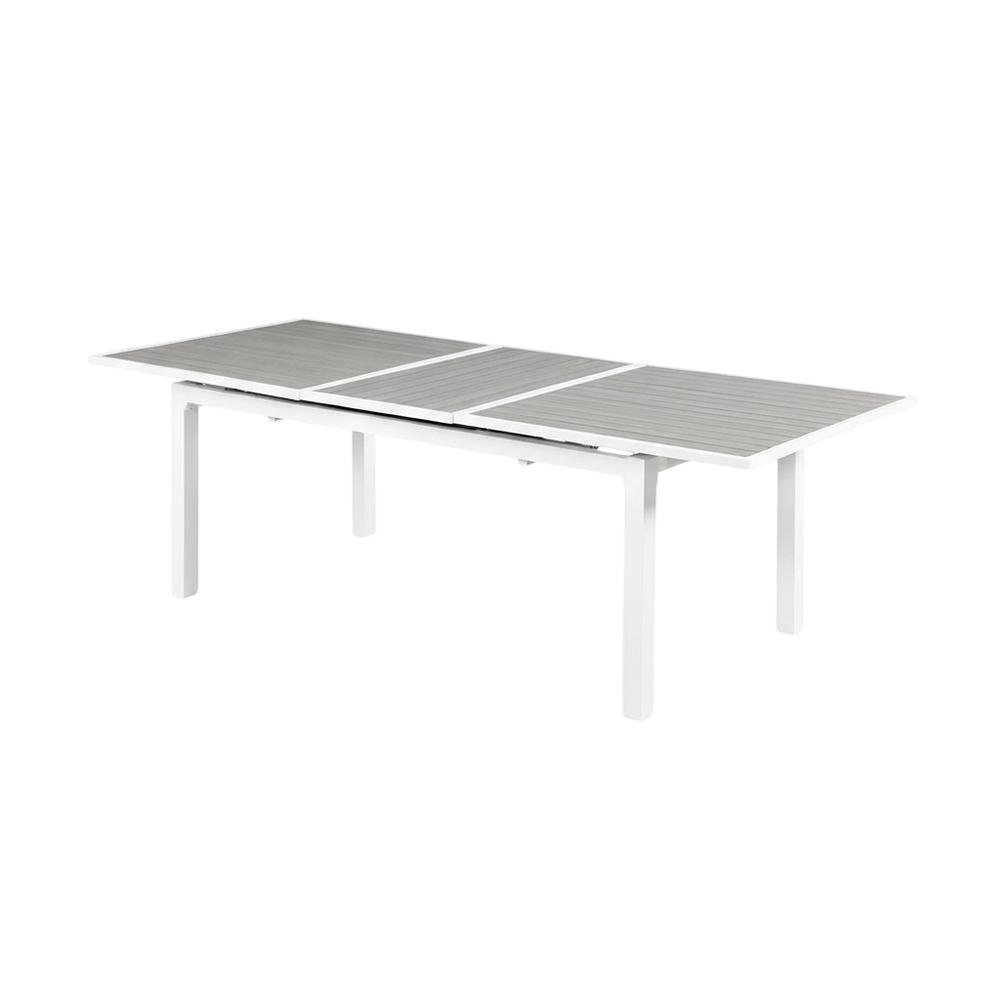 Gray Wood Look Outdoor Patio Dining Table With Adjustable Width And White Finish. Picture 1