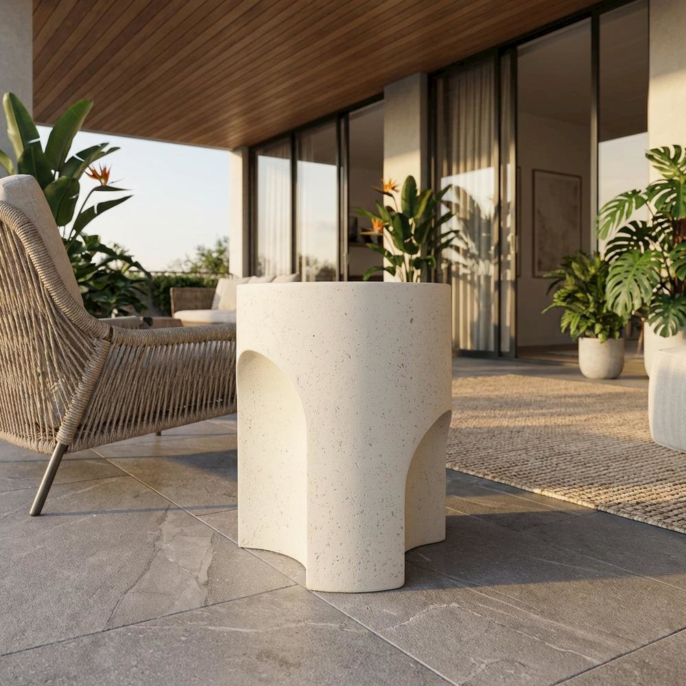 Cream Concrete Fiberglass Indoor Outdoor Round End Table with Art Deco Style. Picture 2