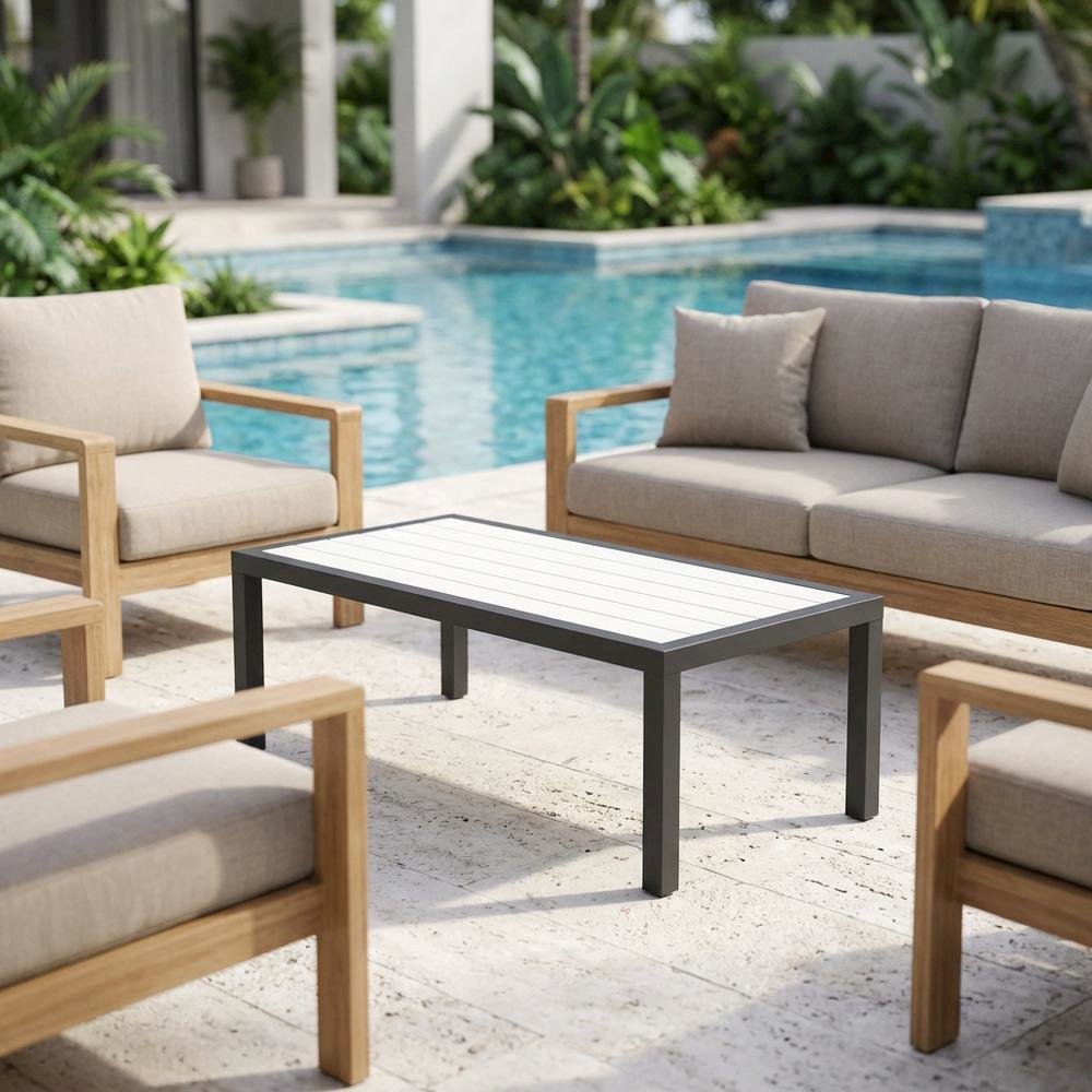 White Wood Look Accent Paneling Outdoor Patio Aluminum Coffee Table. Picture 3