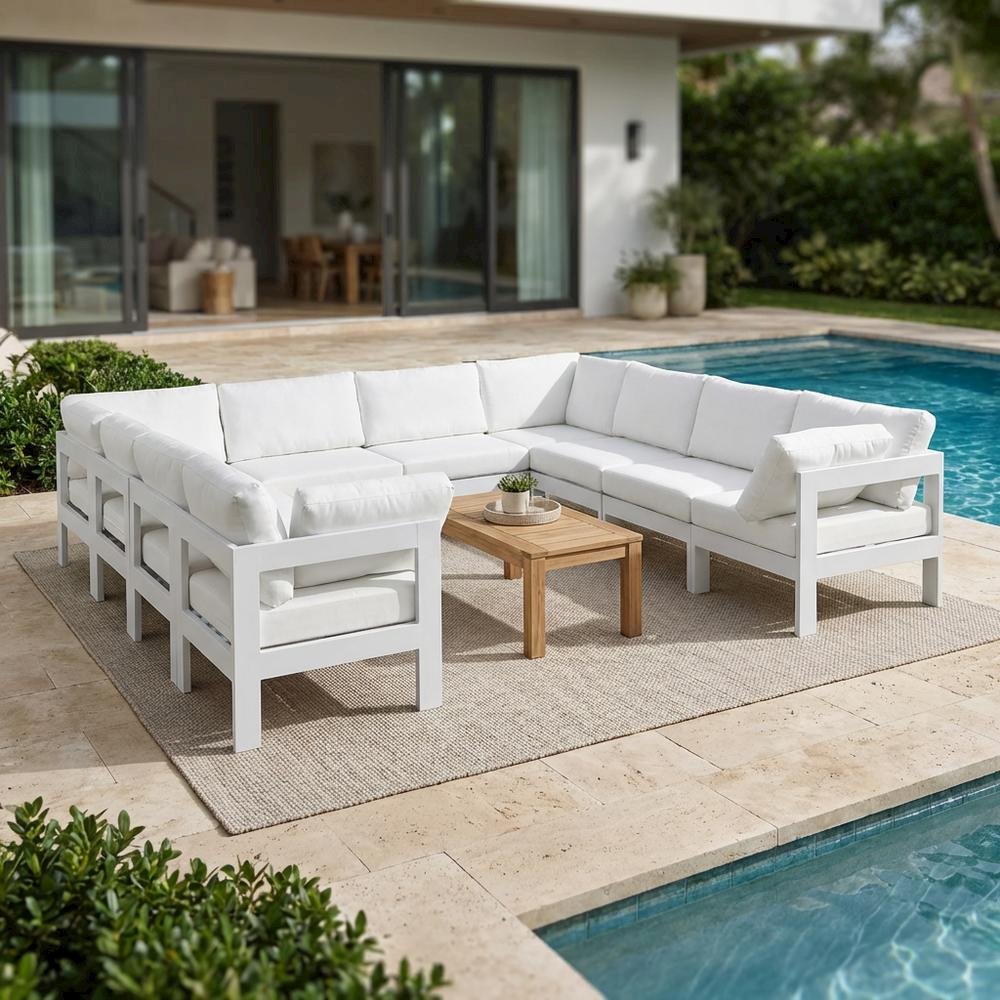 White Fabric Outdoor Patio Sectional, Contemporary Style, Comfortable Backrest. Picture 3