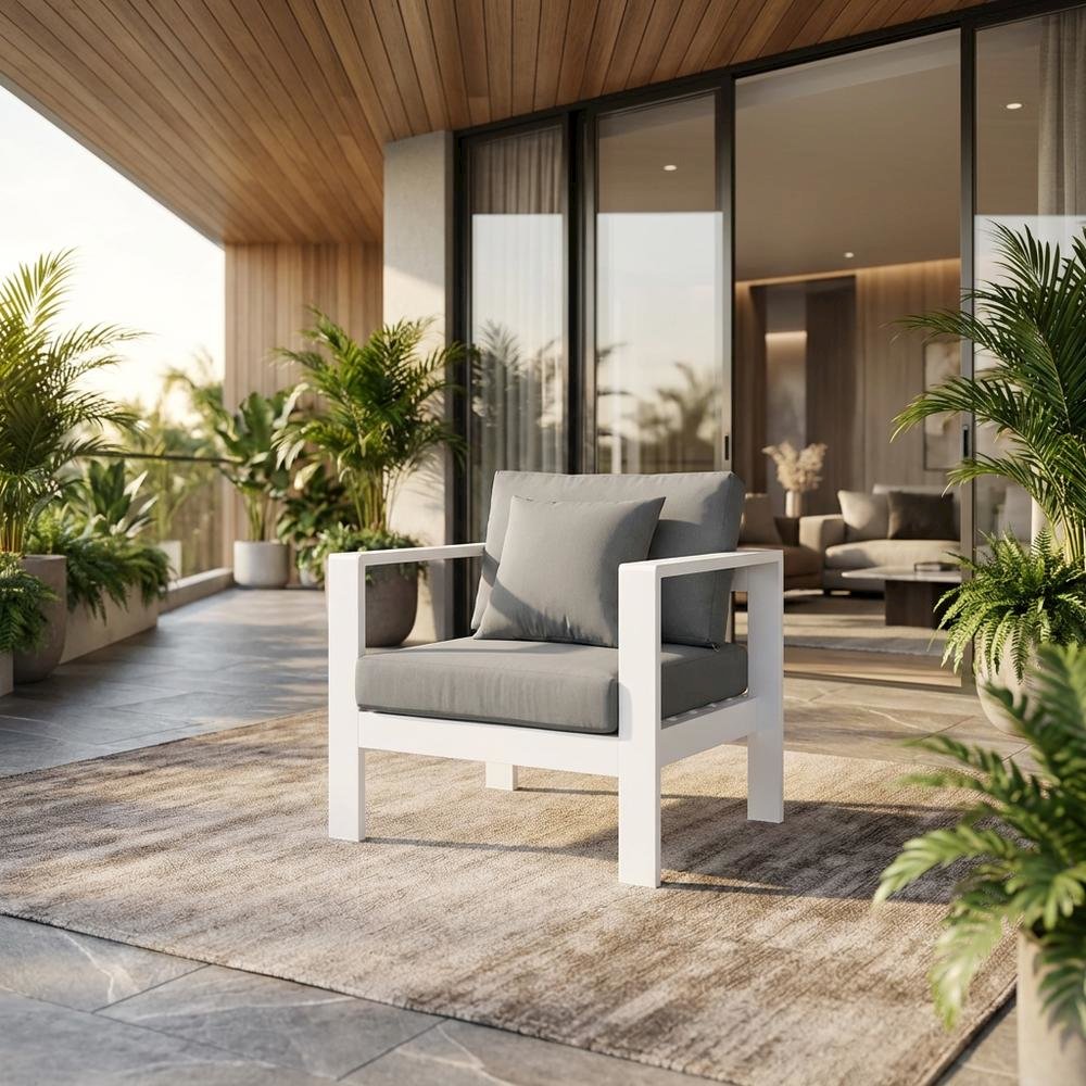Gray Fabric Outdoor Patio Aluminum Armchair, Cushioned Seat, Contemporary Style. Picture 2