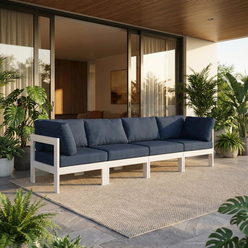 Navy Fabric Outdoor Patio Modular Sofa, Contemporary Style, Comfortable Back. Picture 2