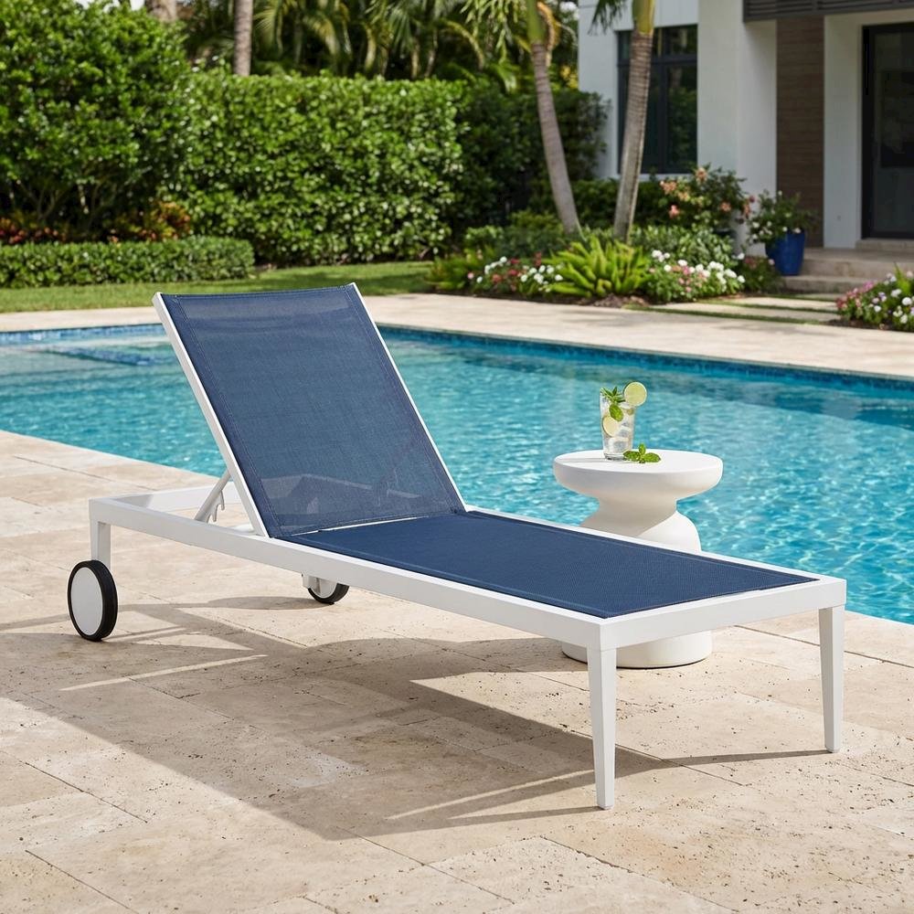 Navy Mesh Fabric Outdoor Lounge Chair, Contemporary Design, Cushioned Seat. Picture 3
