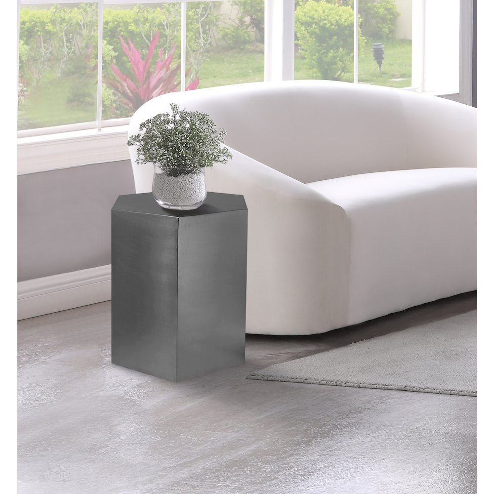 Hexagon Brushed Chrome End Table. Picture 2