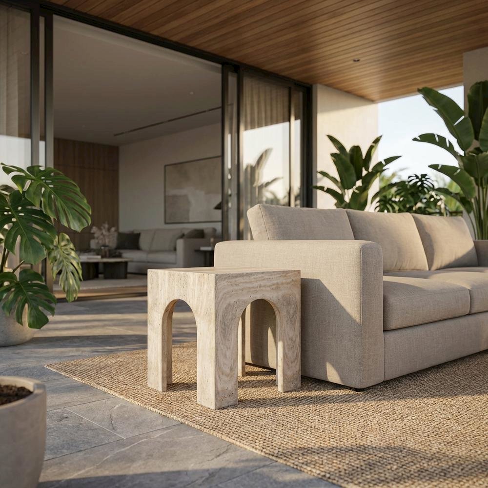 Concrete And Fiberglass Indoor/Outdoor End Table with Travertine Top. Picture 2