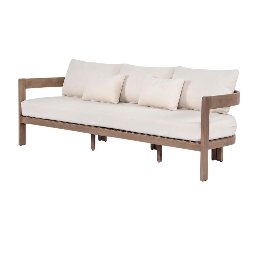 Cream Fabric Upholstered Outdoor Patio Sofa, Cushioned Seating. Picture 1