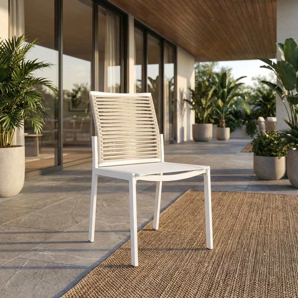 Beige Rope Fabric Outdoor Dining Side Chair Set Of 2 With Contemporary Style. Picture 2