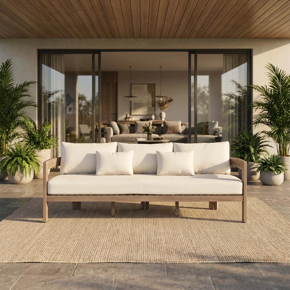 Cream Fabric Upholstered Outdoor Patio Sofa, Cushioned Seating. Picture 2