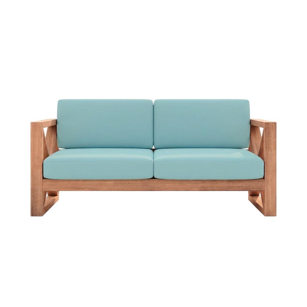 Blue Fabric Outdoor Loveseat With Pillow And Light Finish. Picture 4