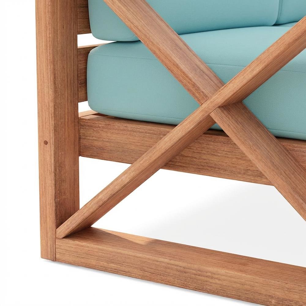 Blue Fabric Outdoor Loveseat With Pillow And Light Finish. Picture 6