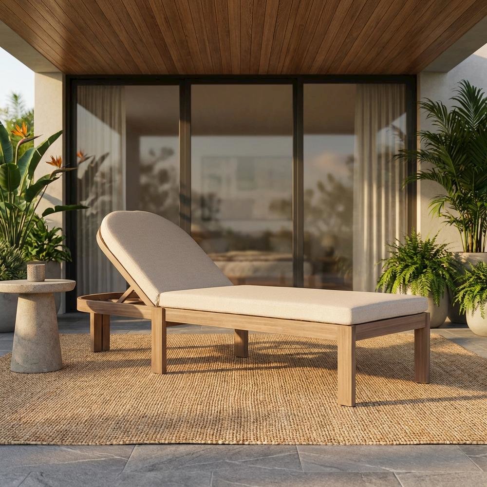 Contemporary Beige Fabric Outdoor Lounge Chair With Cushioned Seat. Picture 2