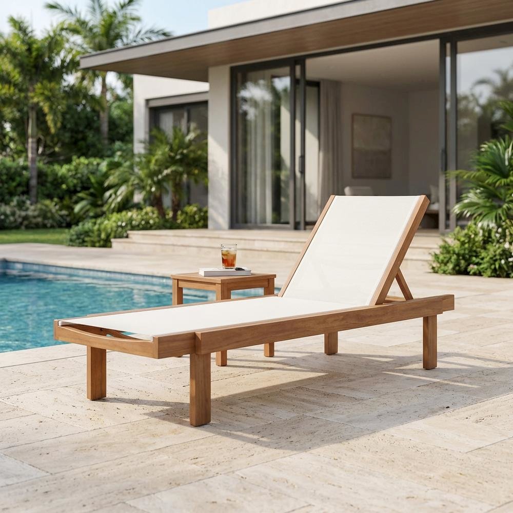 White Fabric Outdoor Lounge Chair With Teak Finish For Patio Relaxation. Picture 3