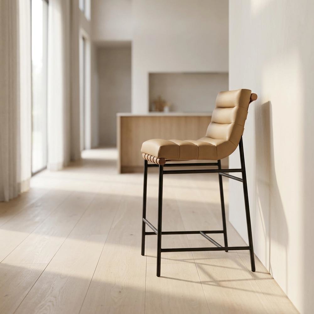 Vegan Leather & Boucle Counter Stool for Bar, Tan Vegan Leather. Picture 3
