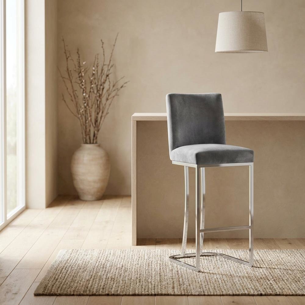 Velvet Contemporary Counter Stool, Chrome Legs, Grey Velvet. Picture 2
