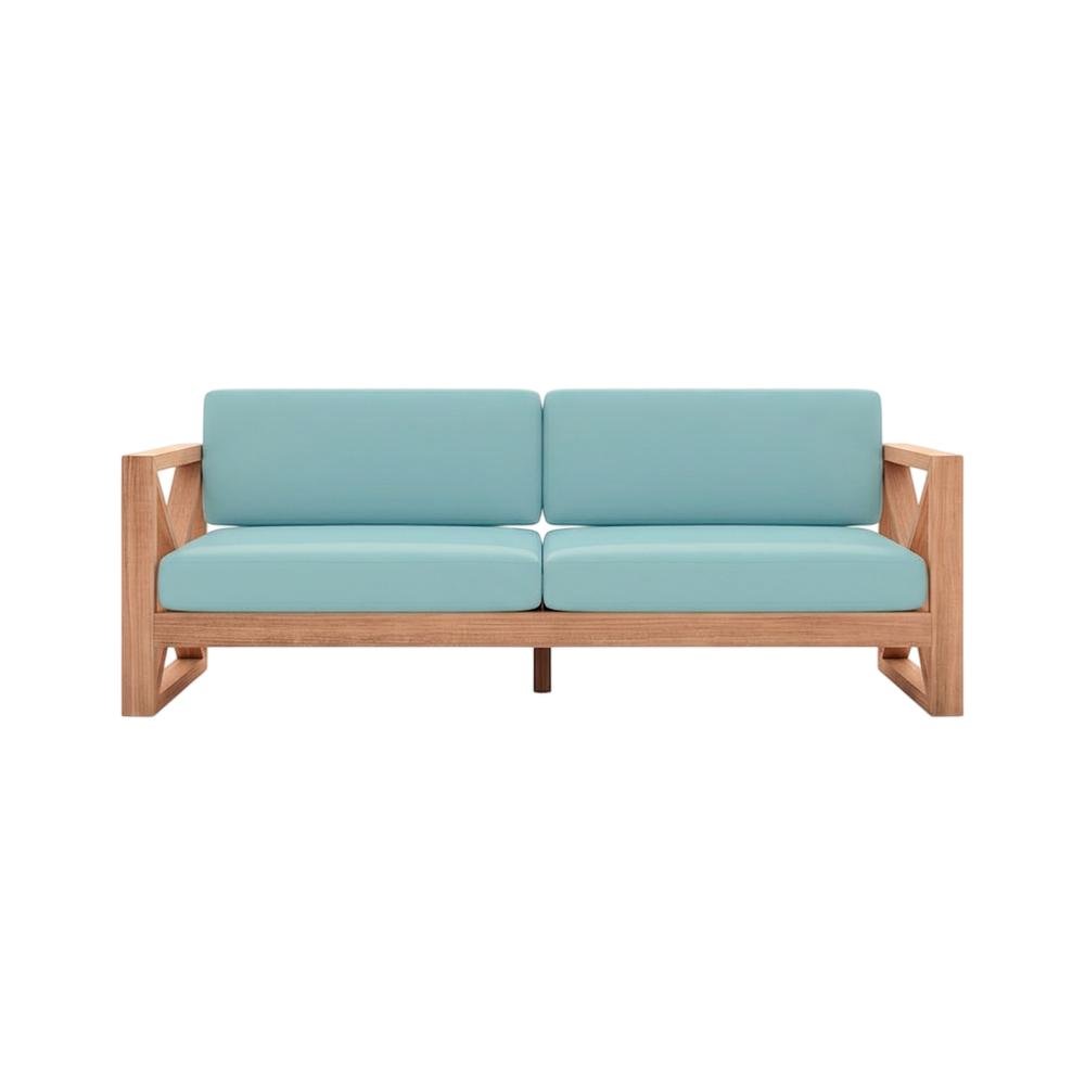 Blue Fabric Outdoor Sofa With Natural Teak Finish And Cushioned Seat. Picture 4