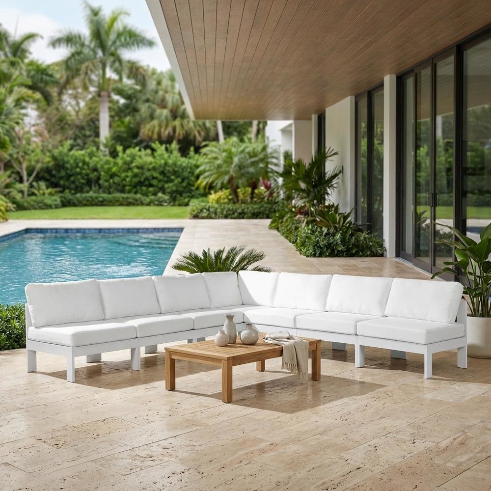 White Fabric Outdoor Patio Modular Sectional, Contemporary Design, Cushioned. Picture 3