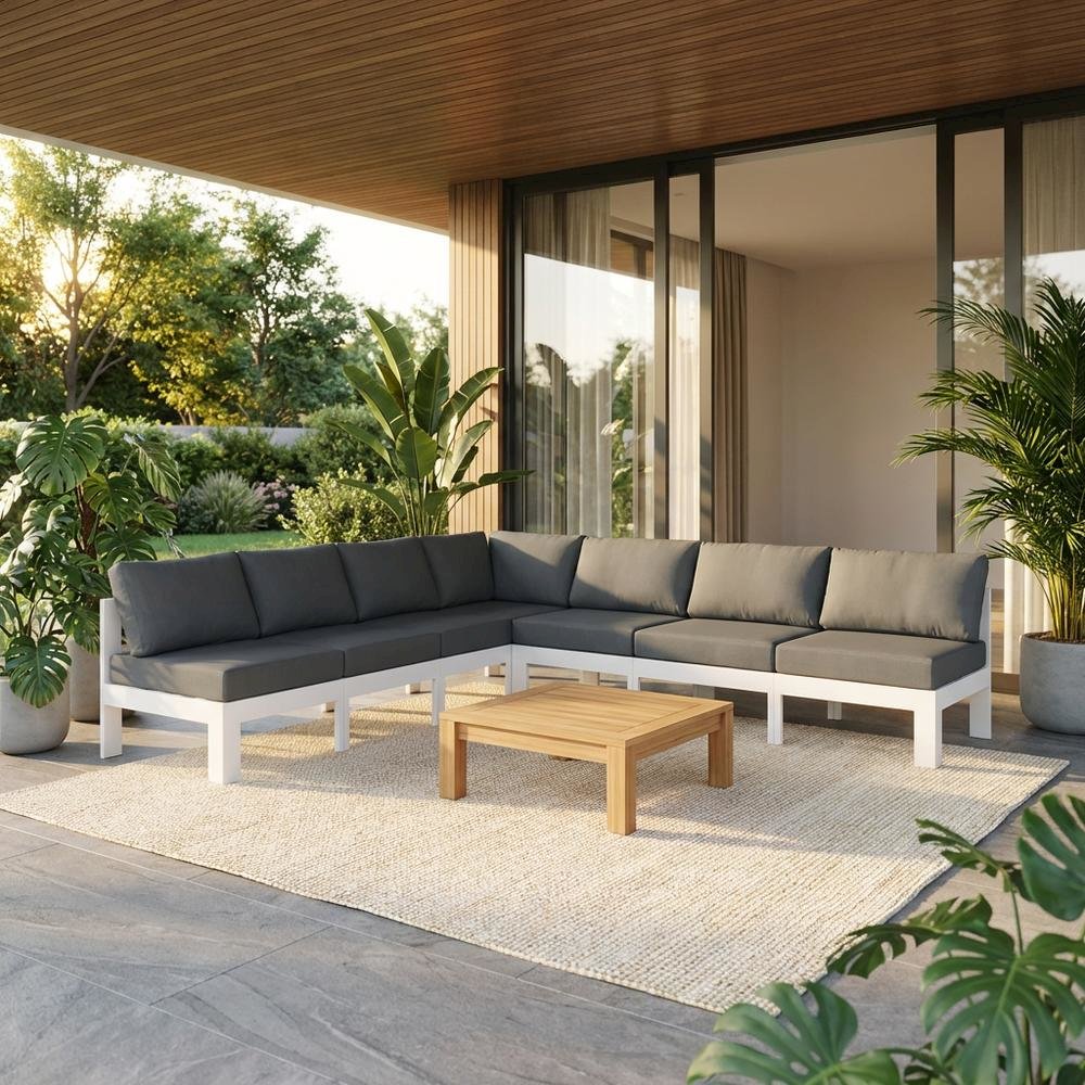 Gray Fabric Outdoor Patio Modular Sectional, Contemporary Style, Cushioned Seats. Picture 2