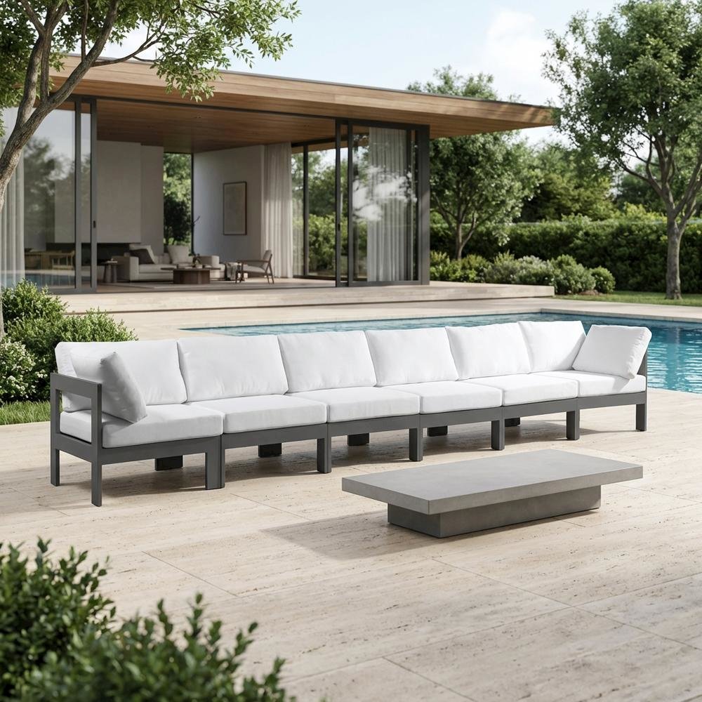 White Fabric Outdoor Patio Modular Sofa, Contemporary Style, Cushioned Seating. Picture 3