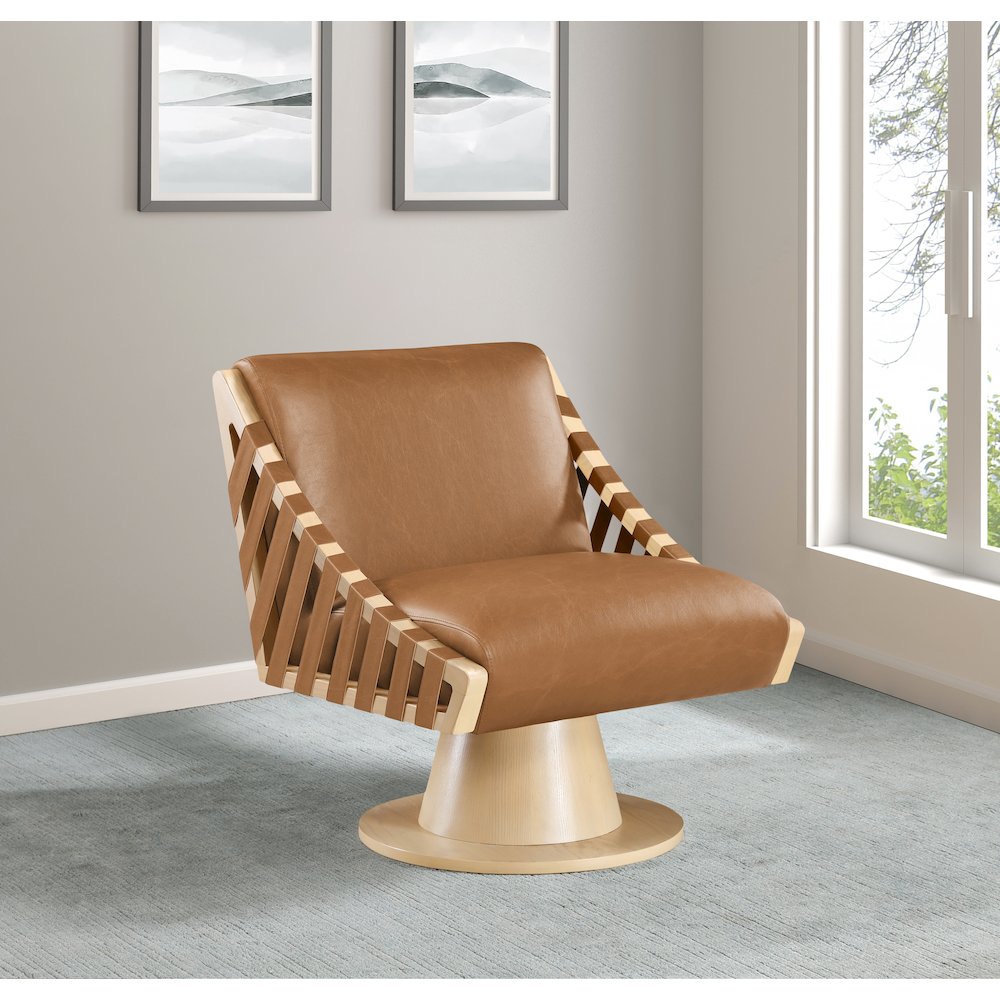 Millwin Cognac Vegan Leather Swivel Accent Chair. Picture 2