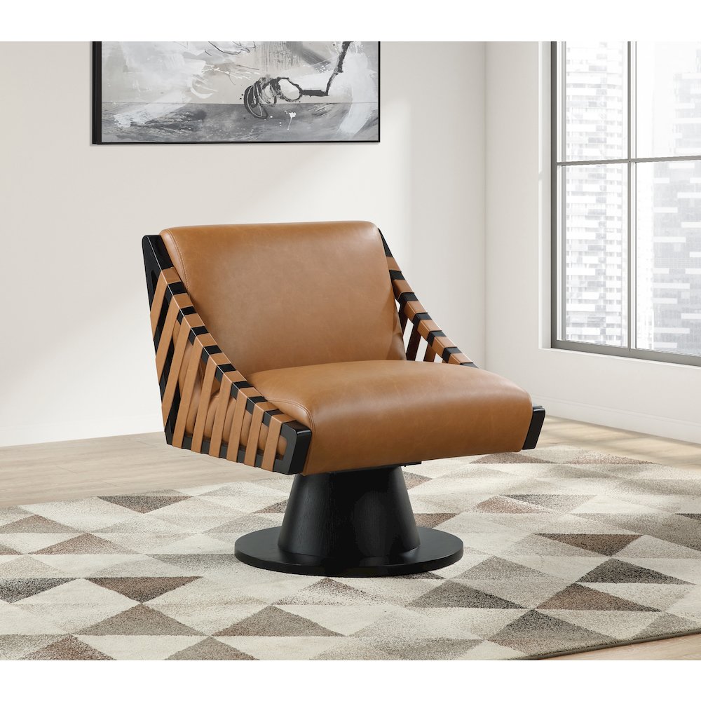 Millwin Cognac Vegan Leather Swivel Accent Chair. Picture 2