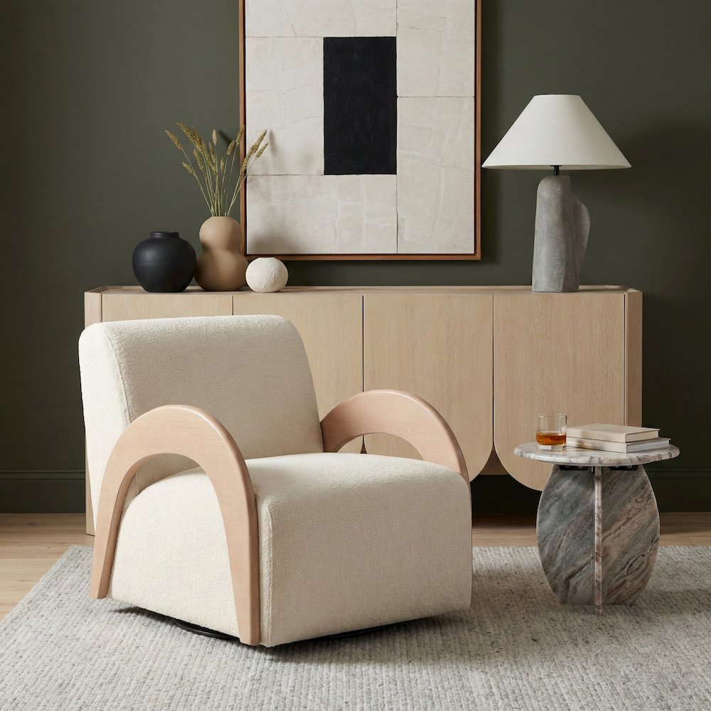 Neria Cream Chenille Fabric Upholstered Swivel Accent Chair. Picture 2