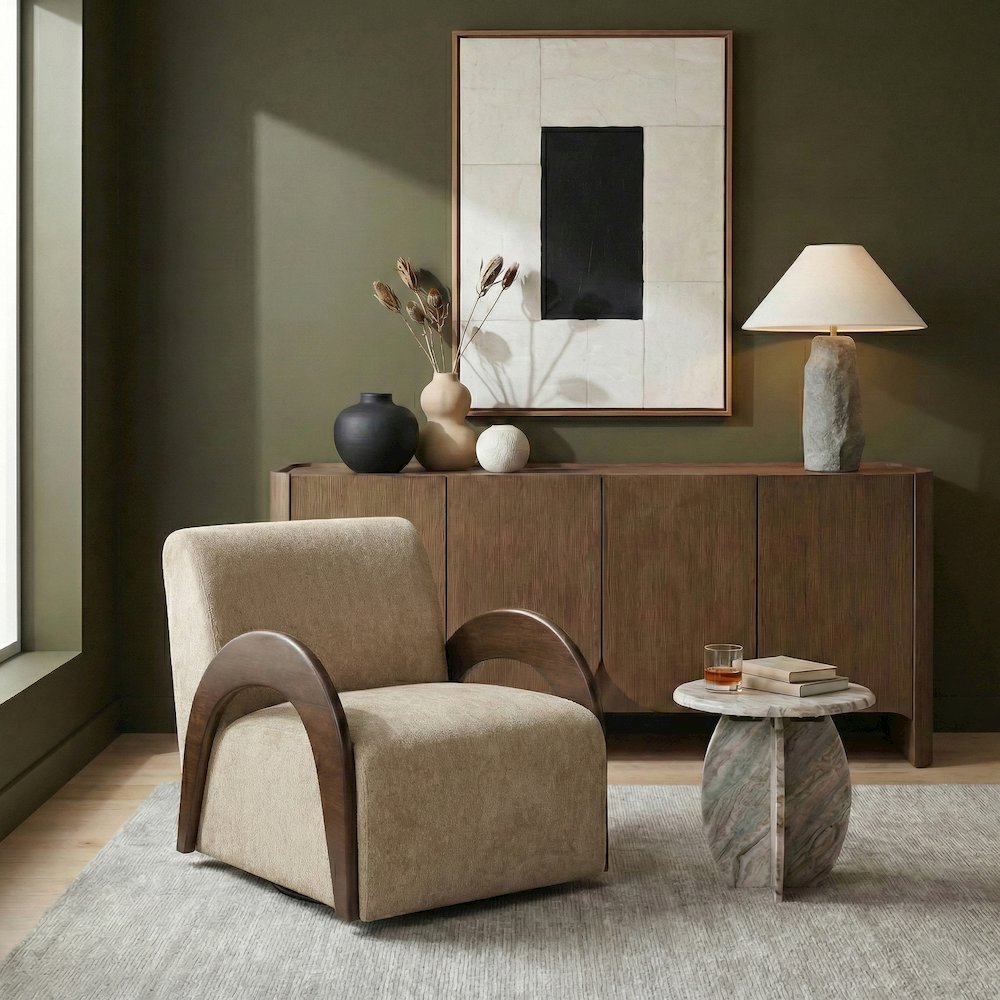 Neria Beige Chenille Fabric Upholstered Swivel Accent Chair. Picture 2
