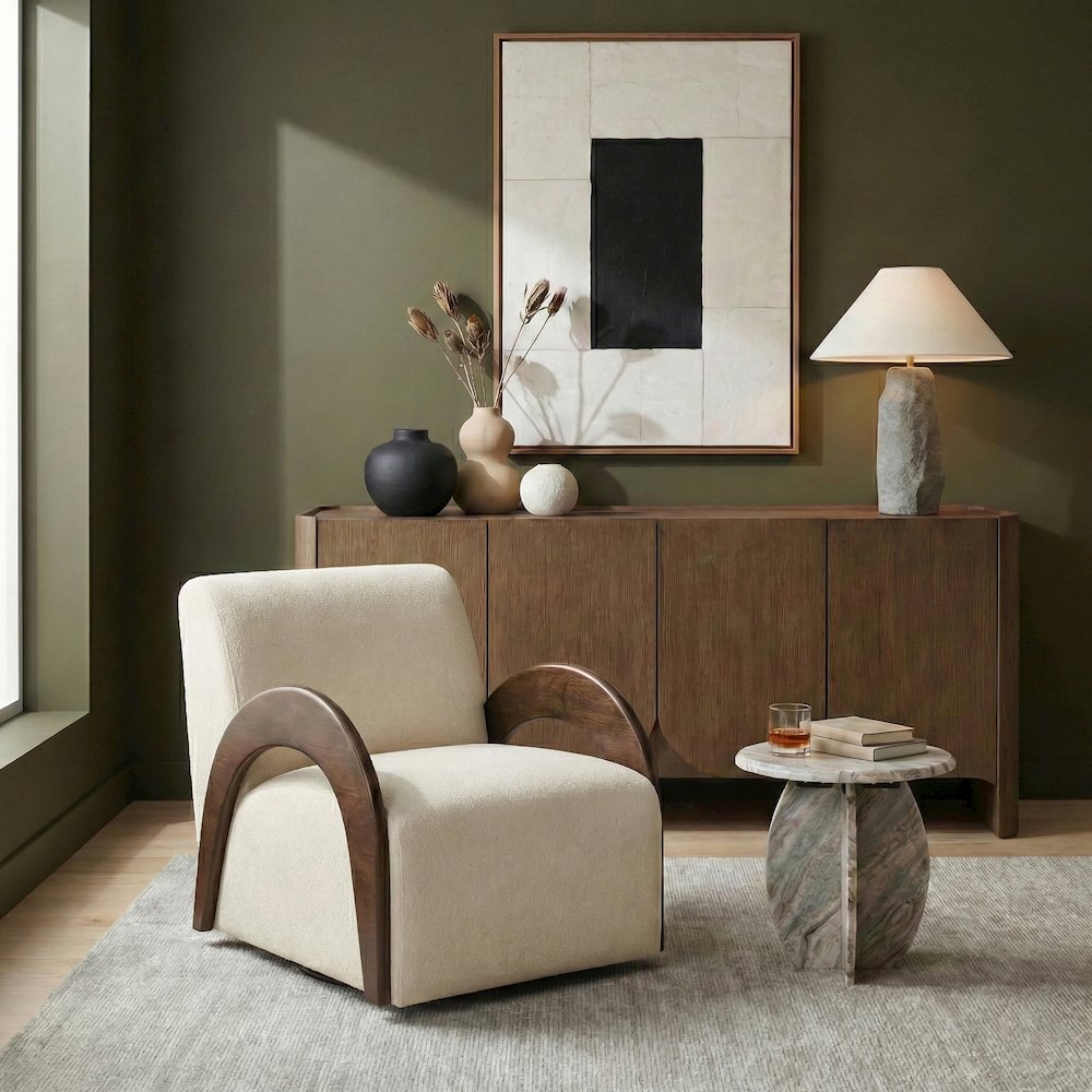 Neria Cream Chenille Fabric Upholstered Swivel Accent Chair. Picture 2