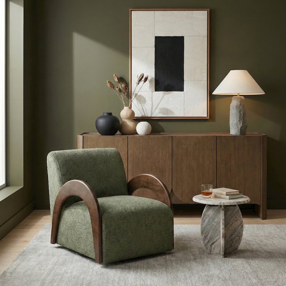 Neria Green Chenille Fabric Upholstered Swivel Accent Chair. Picture 2
