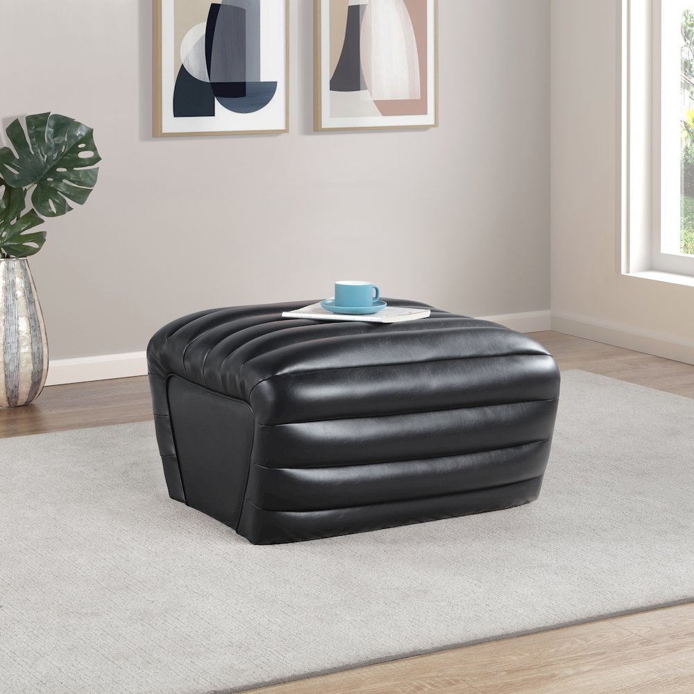 Vega Black Vegan Leather Ottoman. Picture 2