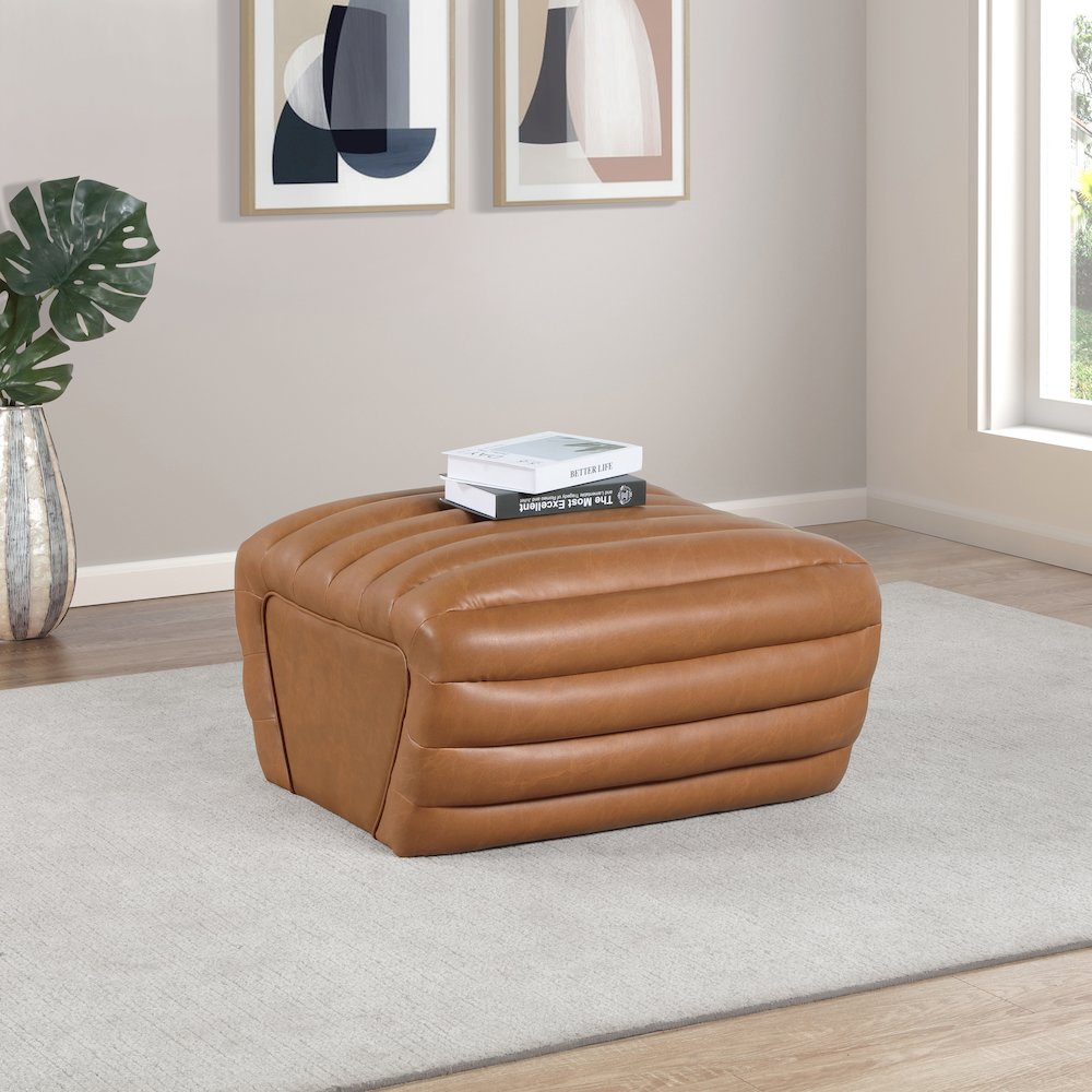 Vega Cognac Vegan Leather Ottoman. Picture 2