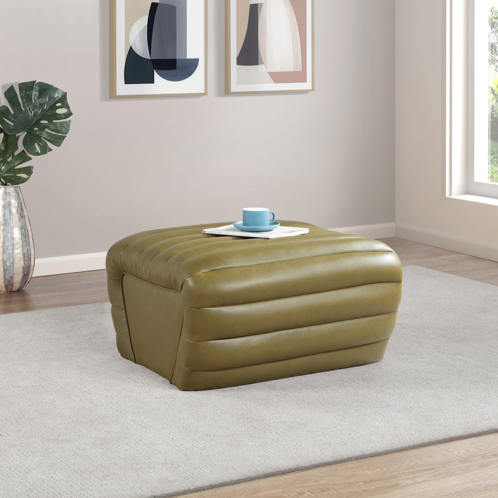 Vega Olive Vegan Leather Ottoman. Picture 2
