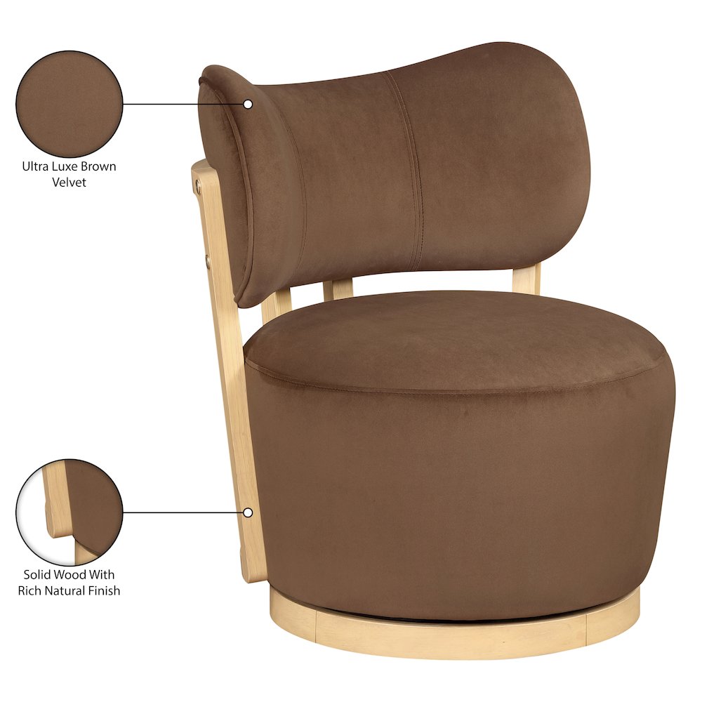 Elara Brown Velvet Upholstered Swivel Accent Chair. Picture 10