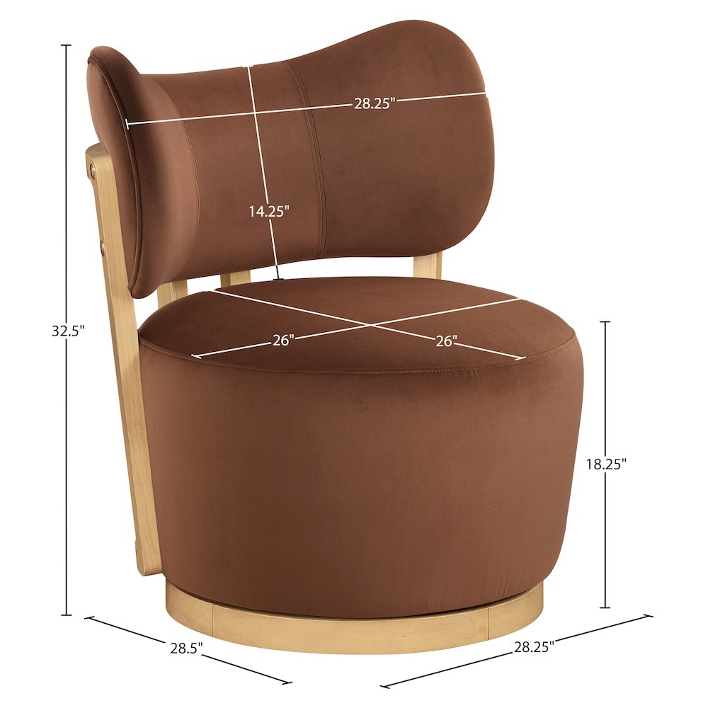 Elara Cognac Velvet Upholstered Swivel Accent Chair. Picture 9