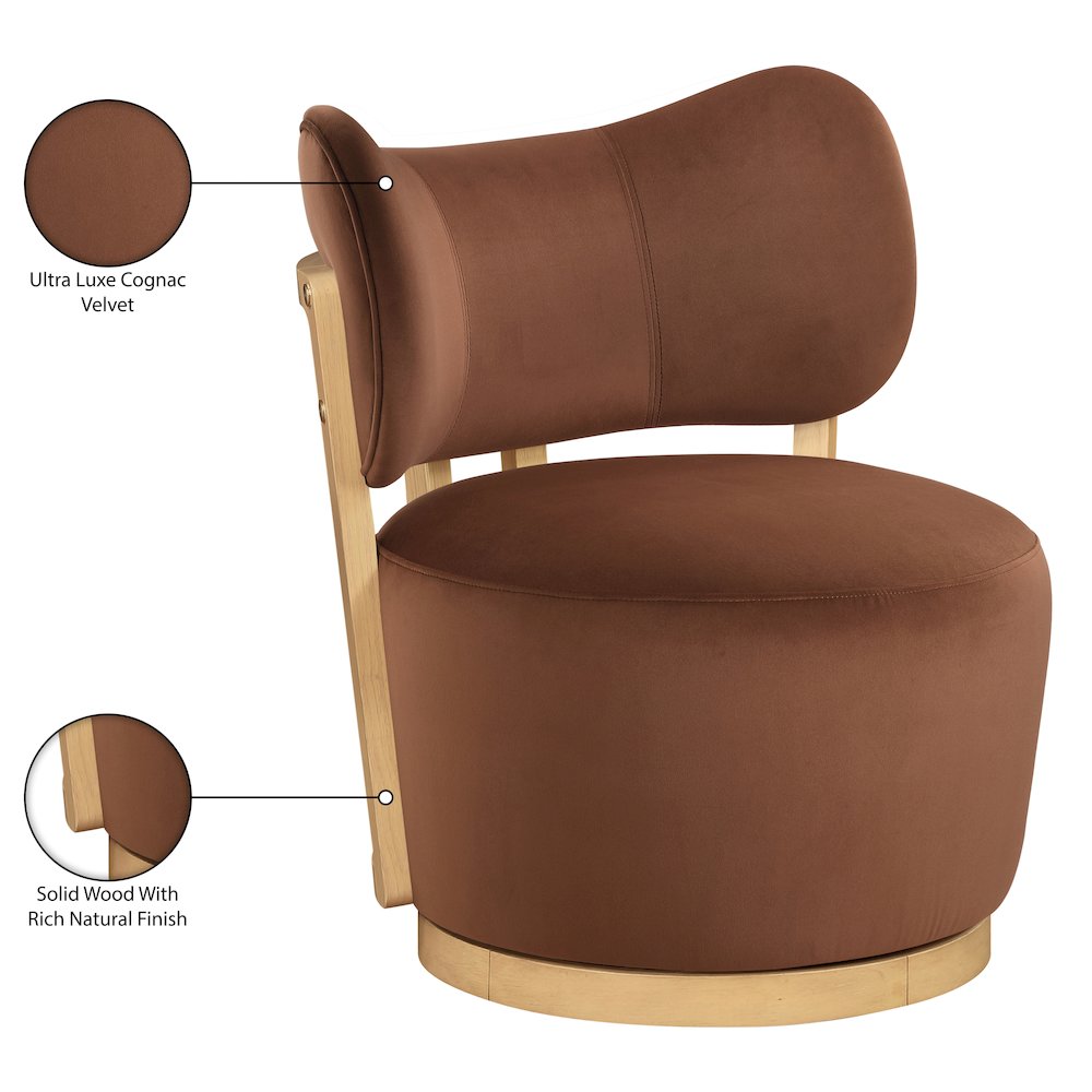 Elara Cognac Velvet Upholstered Swivel Accent Chair. Picture 10