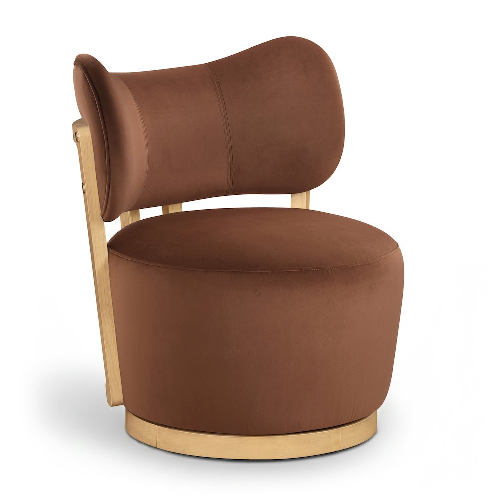 Elara Cognac Velvet Upholstered Swivel Accent Chair. Picture 1