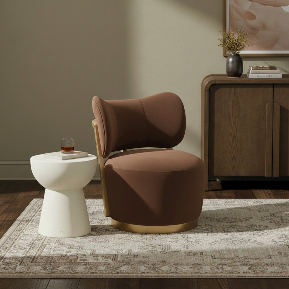 Elara Cognac Velvet Upholstered Swivel Accent Chair. Picture 2