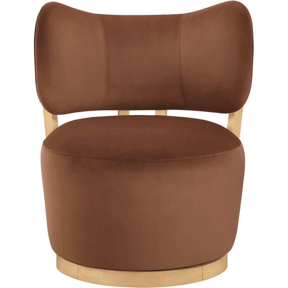 Elara Cognac Velvet Upholstered Swivel Accent Chair. Picture 3